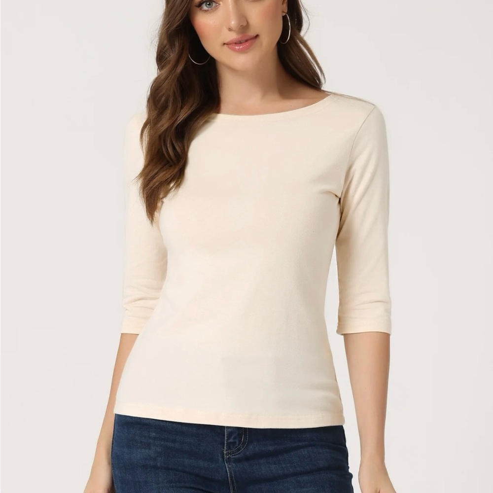 Nordstrom Cream Women's Nylon Spandex Boat Neck 3/4 Sleeve Blouse